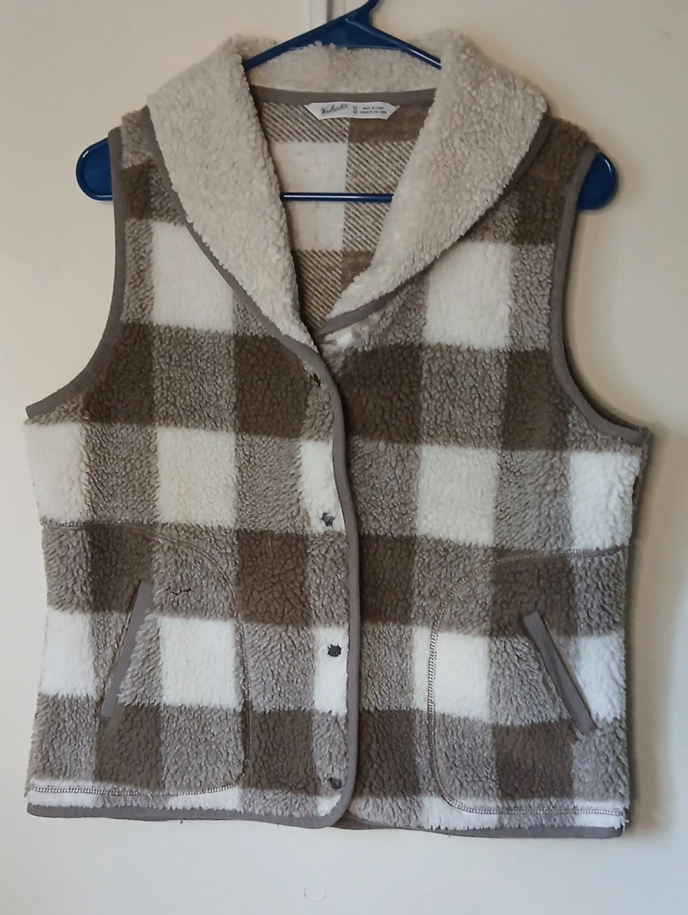 Woolrich Taupe & Cream Plaid Sherpa Vest